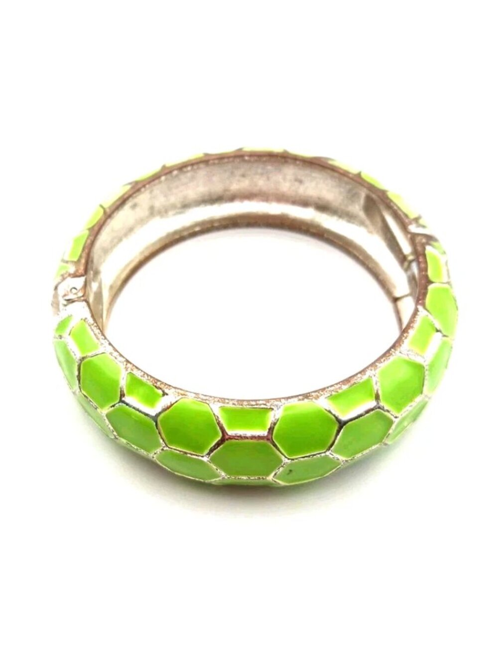 Vintage Green Enamel  + Goldtone Honey Comb Pattern Clamper Bangle Bracelet